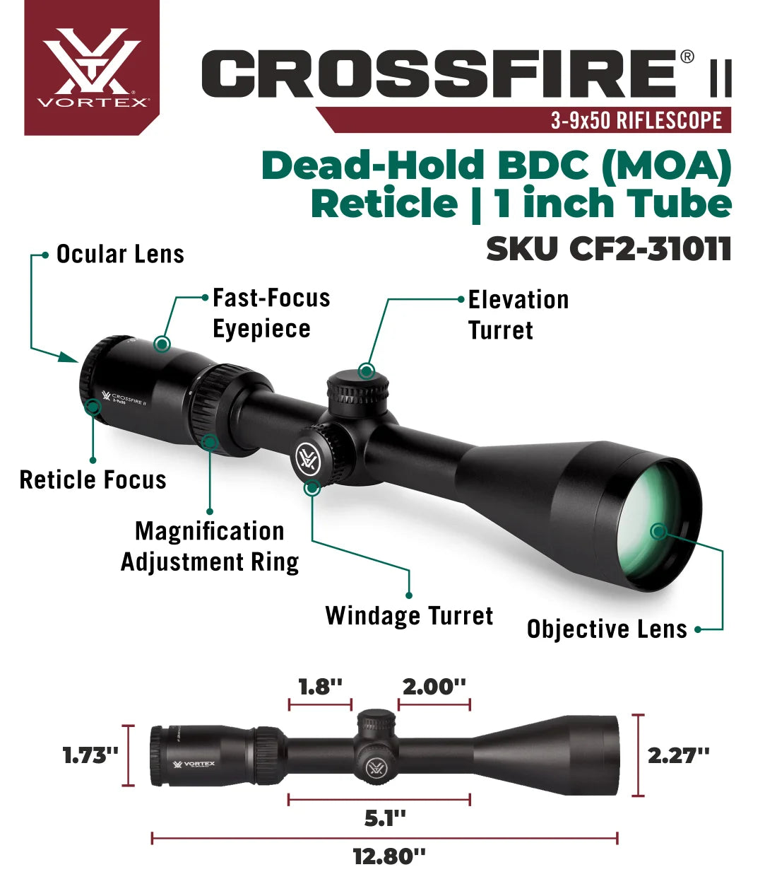 3-9x50 Dead-Hold BDC (MOA) Reticle 1 inch Tube O4568